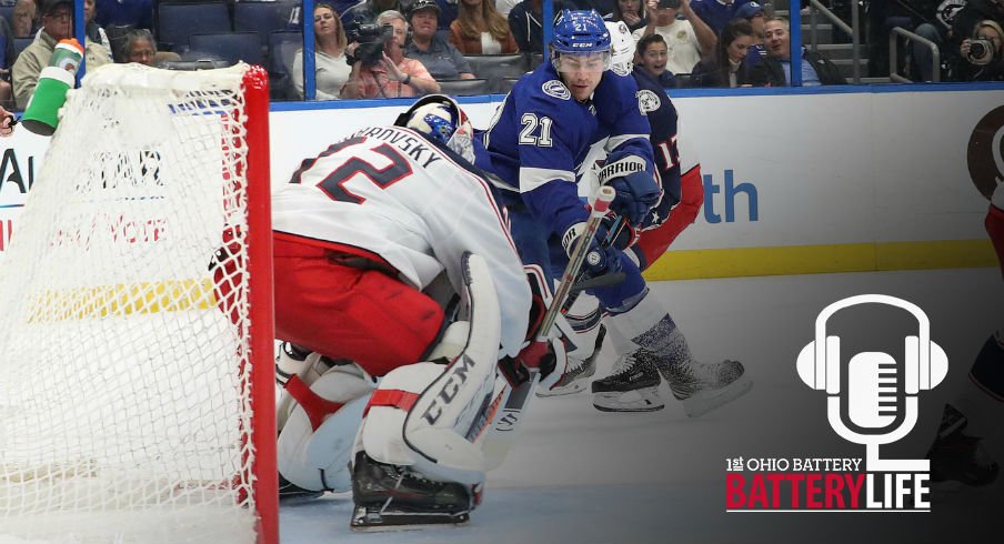 Sergei Bobrovsky attempts to save the puck against the Tampa Bay Lightning.