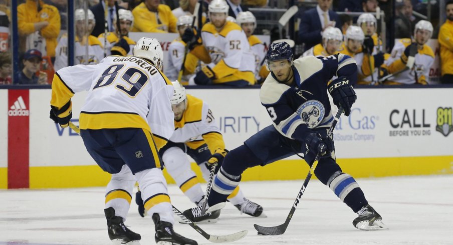 Seth Jones looks to make a move in a 4-3 overtime victory for the Columbus Blue Jackets against the Nashville Predators.