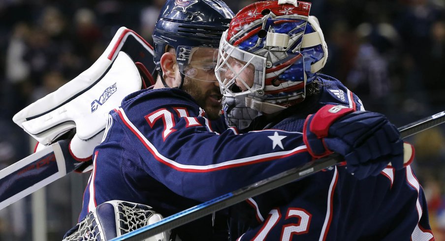 Nick Foligno and Sergei Bobrovsky hug it out following a win over the New York Rangers.