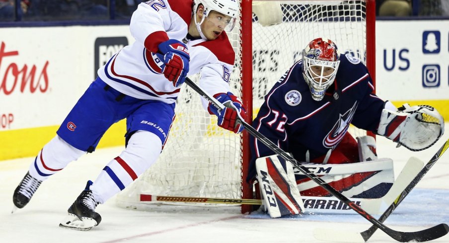 Sergei Bobrovsky defends his net against the Montreal Canadiens