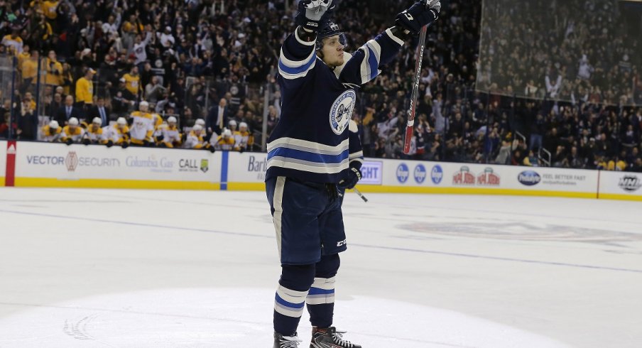 Artemi Panarin celebrates his game winner in overtime against the Nashville Predators at Nationwide Arena