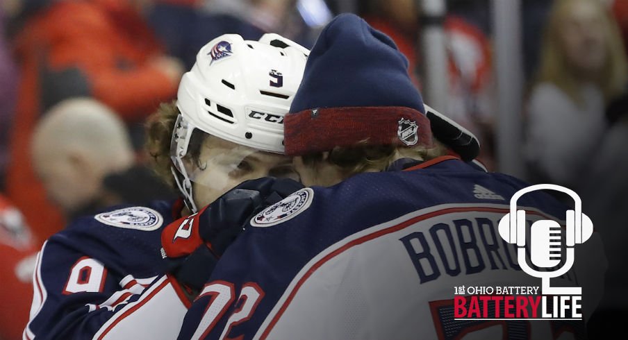 Artemi Panarin and Sergei Bobrovsky share a moment following a 2-1 win over the Washington Capitals.