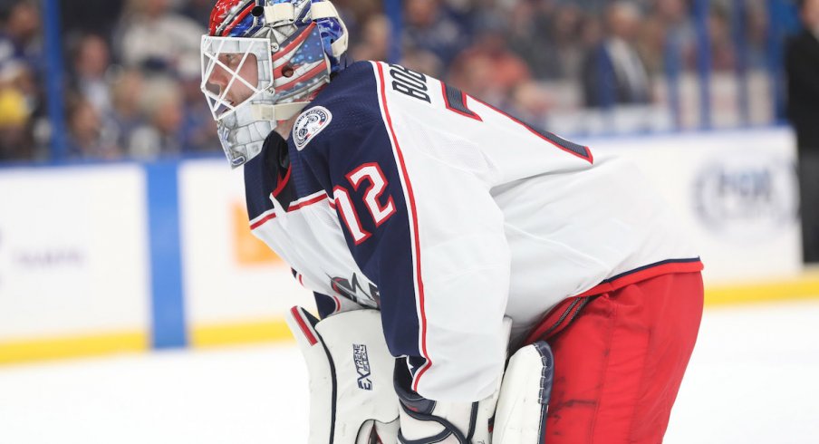 Columbus Blue Jackets goaltender Sergei Bobrovsky looks on during a game against the Tampa Bay Lightning.