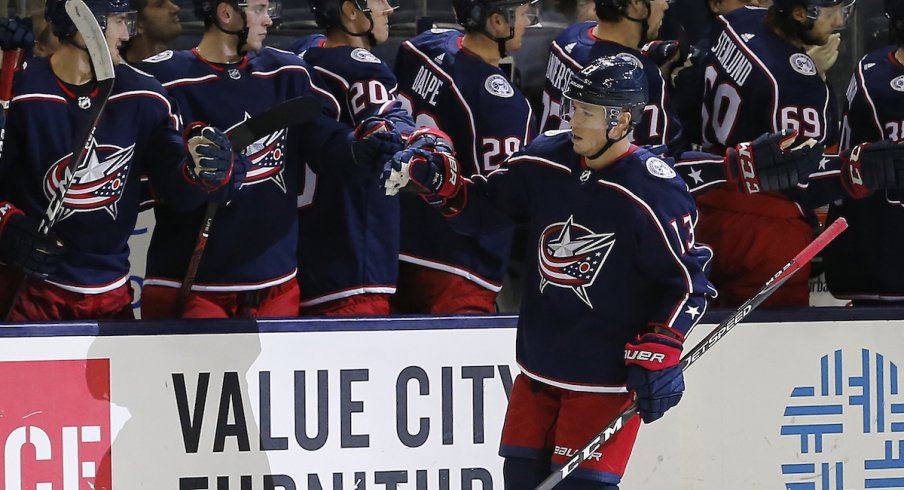 Columbus Blue Jackets forward Cam Atkinson celebrates a goal scored against the New Jersey Devils at Nationwide Arena.
