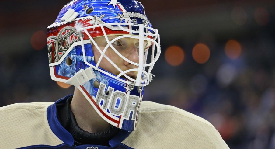 Joonas Korpisalo looks on in a 4-2 loss to the St.Louis Blues