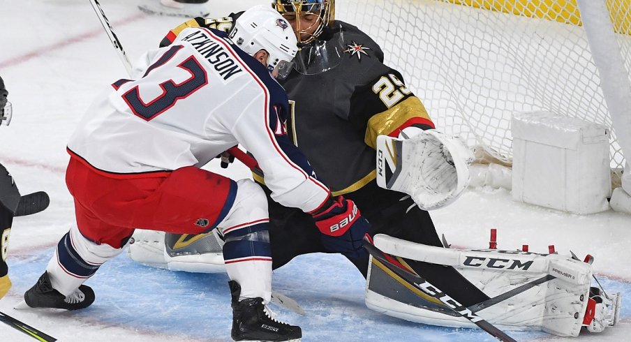 Marc-Andre Fleury makes a toe save against Cam Atkinson at T-Mobile Arena
