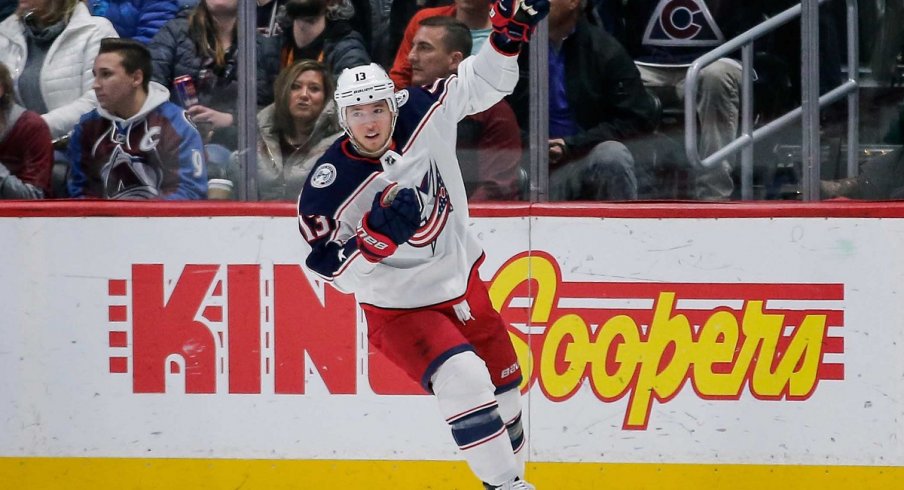 Cam Atkinson celebrates after his goal against the Colorado Avalanche at the Pepsi Center