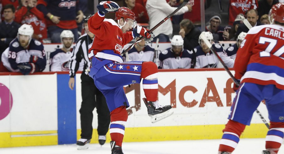 Evgeny Kuznetsov celebrates a goal against the Columbus Blue Jackets 