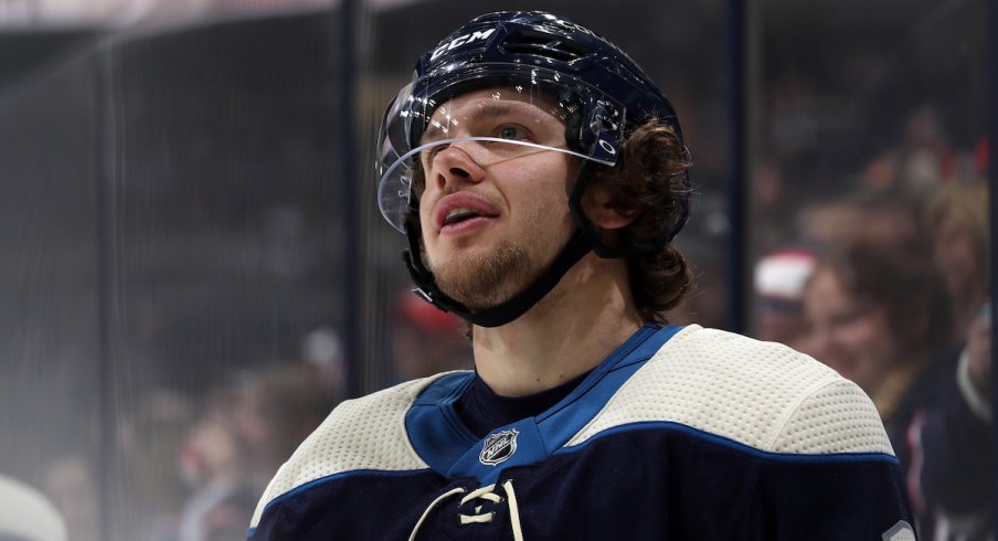 Columbus Blue Jackets forward Artemi Panarin takes a break during warm-ups at Nationwide Arena.