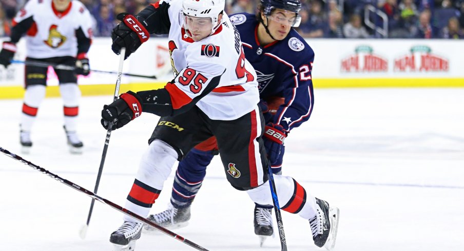 Senators' Matt Duchene attempts to get a shot off against the Columbus Blue Jackets.