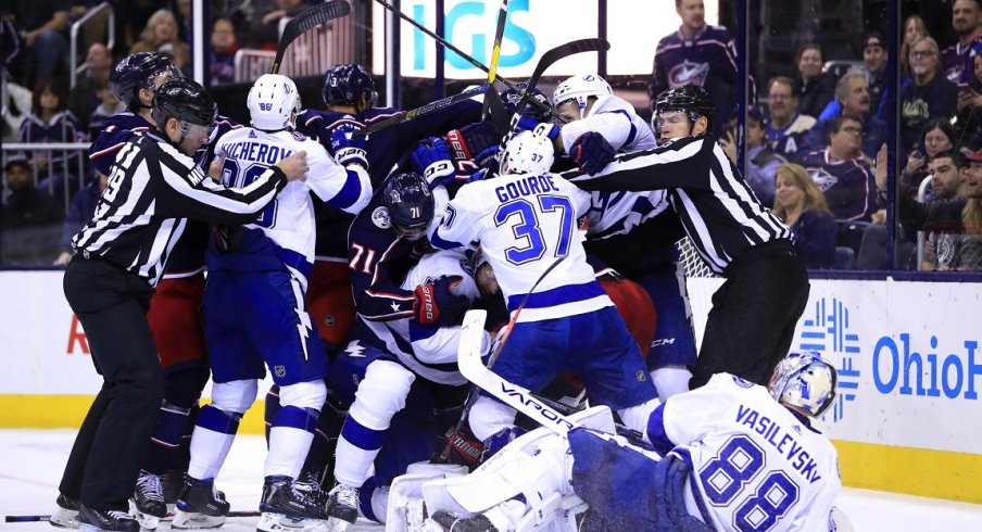 The Blue Jackets and Lightning get in a scuffle after the two sides 