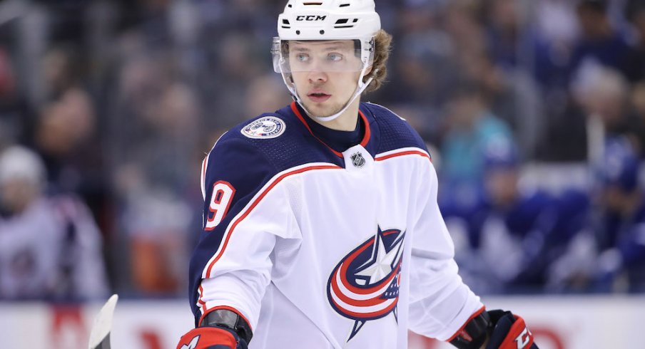 Columbus Blue Jackets forward Artemi Panarin looks on during a game against the Toronto Maple Leafs at Scotiabank Arena.