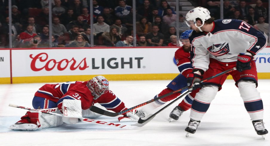 Josh Anderson of the Columbus Blue Jackets sees his shot saved by Carey Price of the Montreal Canadiens.