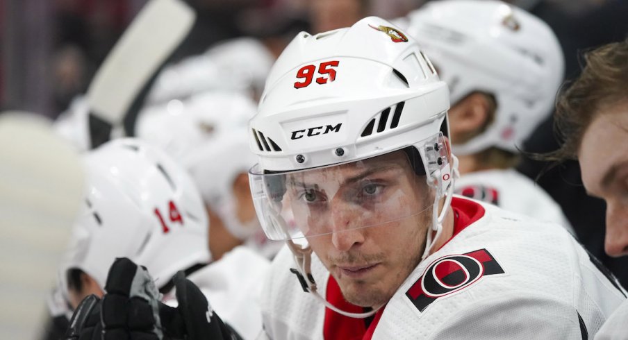 Matt Duchene, now a member of the Blue Jackets, sits on the bench during a game for the Ottawa Senators.