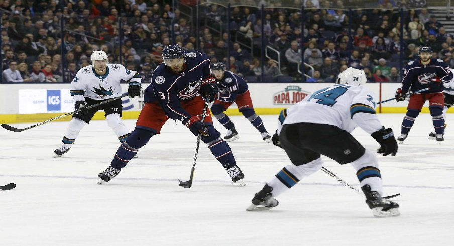 Columbus Blue Jackets defenseman Seth Jones (3) receives a pass as San Jose Sharks defenseman Dylan DeMelo (74) defends during the second period at Nationwide Arena.