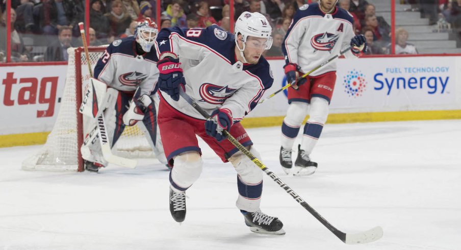 Columbus Blue Jackets center Pierre-Luc Dubois carries the puck out of the defensive zone against the Ottawa Senators.