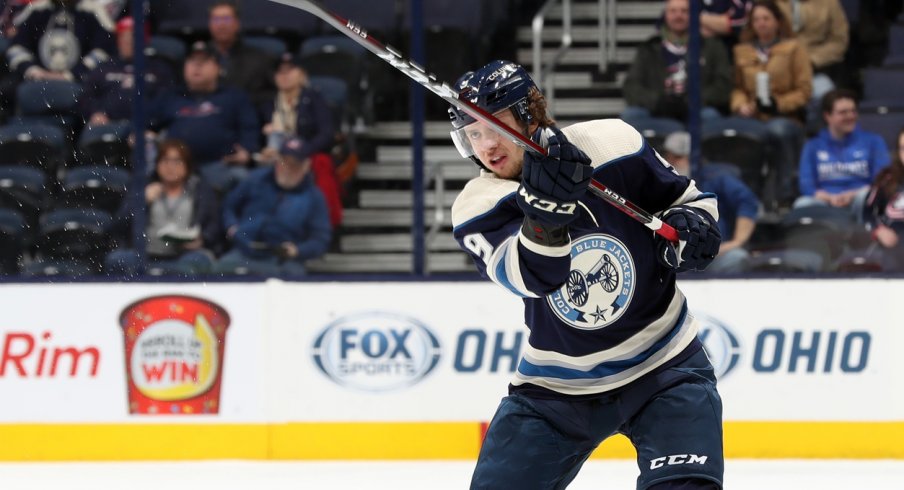 Artemi Panarin shoots the puck during warm-ups for the Columbus Blue Jackets. 