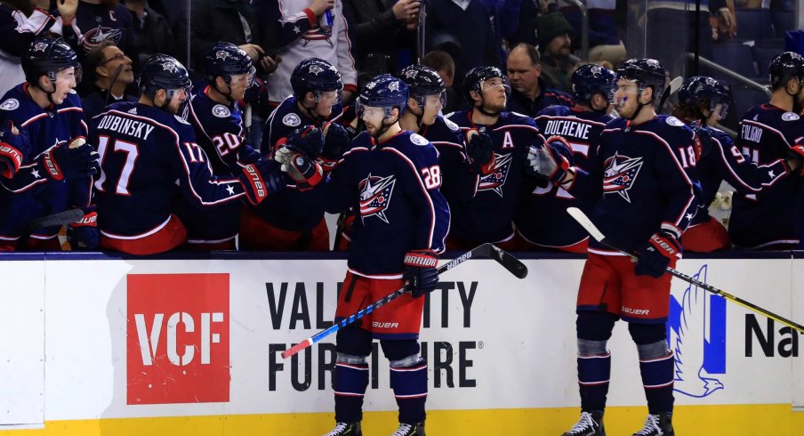  Columbus Blue Jackets right wing Oliver Bjorkstrand (28) celebrates with teammates after scoring a goal against the Philadelphia Flyers in the first period at Nationwide Arena.