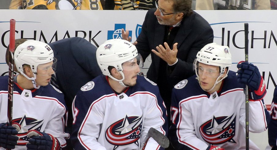 Columbus Blue Jackets head coach John Tortorella speaks to his players during a game against the Pittsburgh Penguins at PPG Paints Arena.