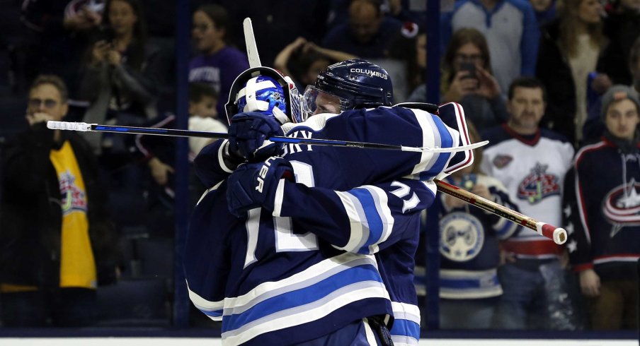 Nick Foligno and Sergei Bobrovsky hug it out to the Airwolf theme, apparently. 