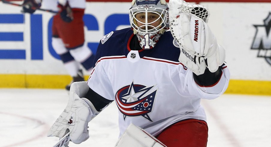 Keith Kinkaid warms up before playing against his old team, the New Jersey Devils