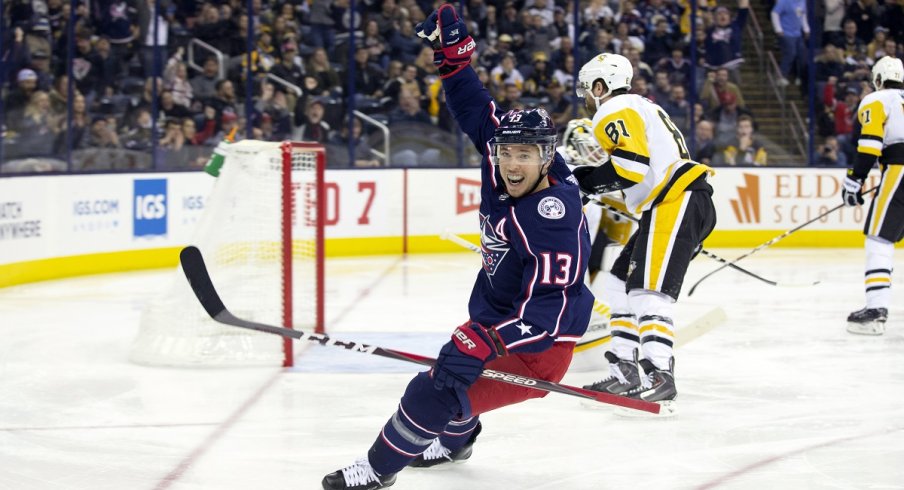 Cam Atkinson celebrates after scoring a shorthanded goal at Nationwide Arena