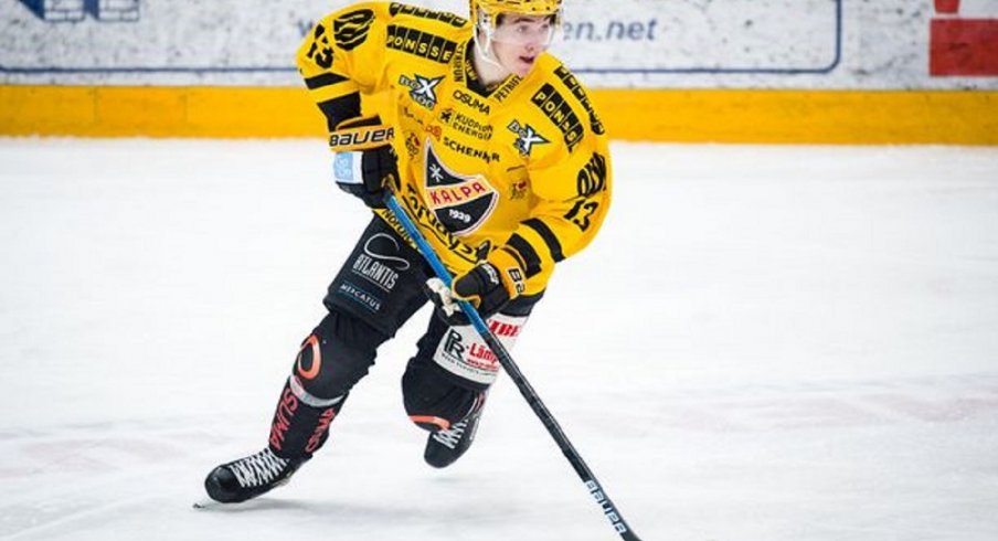 Alexandre Texier skates with the puck in his last game with KalPa