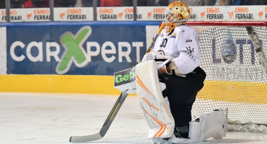 Elvis Merzlikins looks on in a game for Lugano HC of the NLA