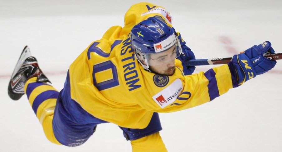 Emil Bemstrom takes a slapshot during the 2018 World Junior Championship.