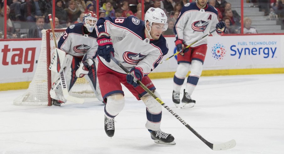 Pierre-Luc Dubois skates with the puck against the Ottawa Senators at the Canadian Tire Centre