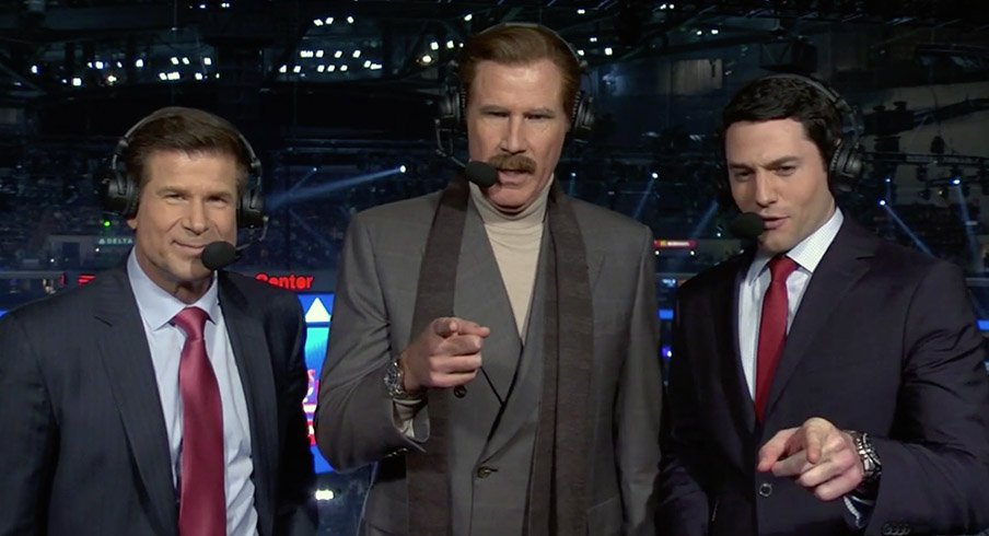 Ron Burgundy shows up at a Los Angeles Kings game.