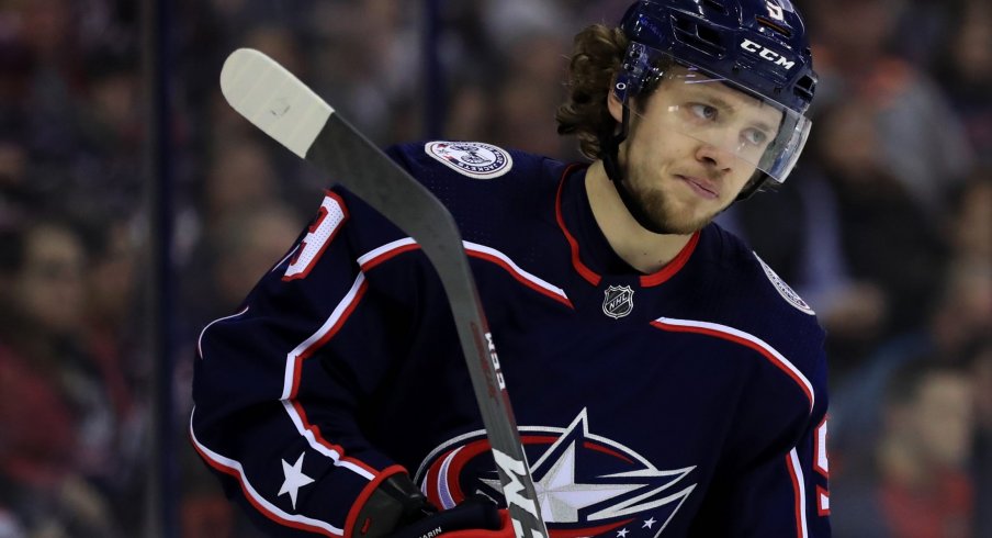 Feb 14, 2019; Columbus, OH, USA; Columbus Blue Jackets left wing Artemi Panarin (9) against the New York Islanders at Nationwide Arena.