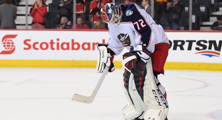 Sergei Bobrovsky shows disappointment during a 4-2 loss to the Calgary Flames on March 19. 