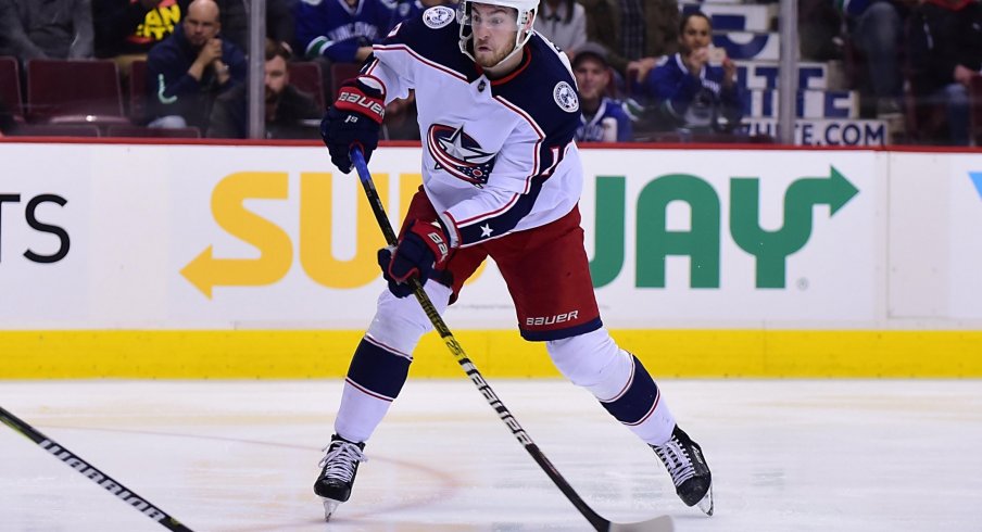 Mar 24, 2019; Vancouver, British Columbia, CAN; Columbus Blue Jackets forward Pierre-Luc Dubois (18) shoots the puck and scores against Vancouver Canucks goaltender Thatcher Demko (35) (not pictured) during the second period at Rogers Arena.