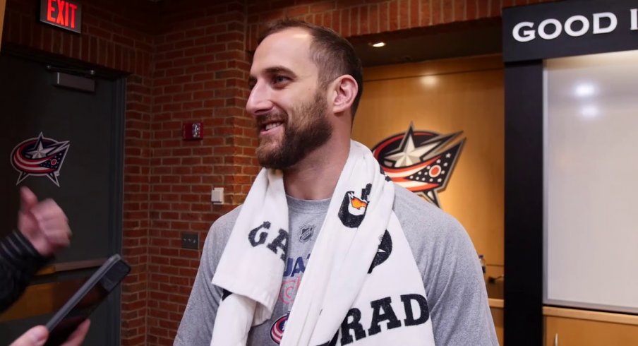 Columbus Blue Jackets captain Nick Foligno addresses media in the team's dressing room at Nationwide Arena.