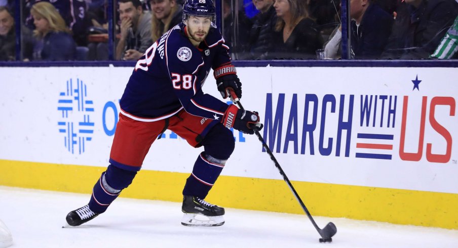 Feb 18, 2019; Columbus, OH, USA; Columbus Blue Jackets right wing Oliver Bjorkstrand (28) against the Tampa Bay Lightning at Nationwide Arena.