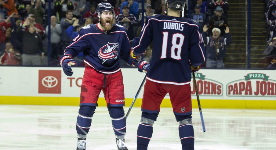 David Savard celebrates a goal 