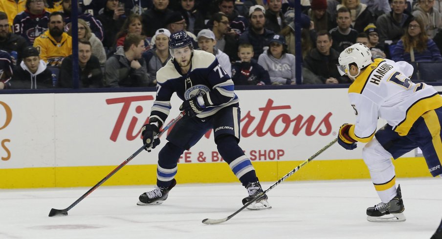 Jan 10, 2019; Columbus, OH, USA; Columbus Blue Jackets right wing Josh Anderson (77) looks to pass against the Nashville Predators during the second period at Nationwide Arena.