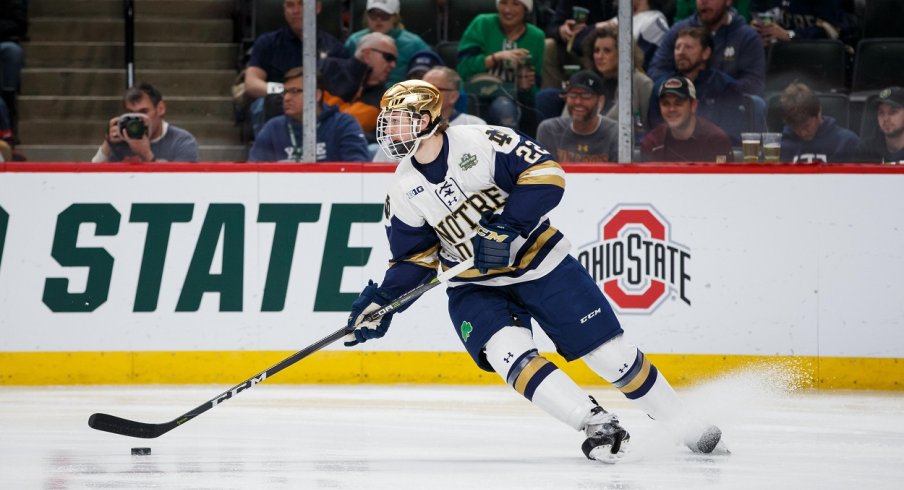 Andrew Peeke skates up the ice for the Notre Dame Fighting Irish during the 2018 NCAA Tournament.