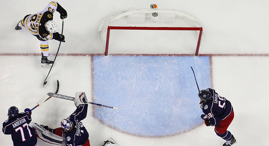 The Bruins get one of six goals against Columbus Tuesday night.