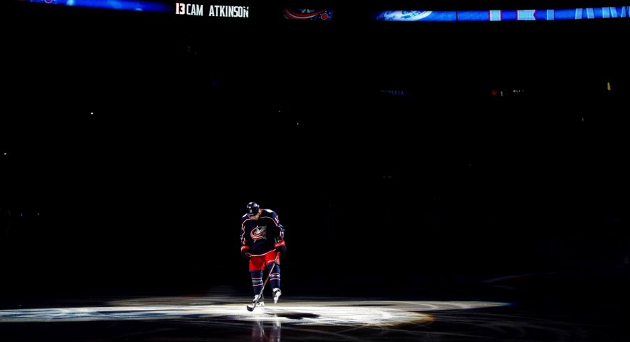 Cam Atkinson skates before a Blue Jackets playoff game 