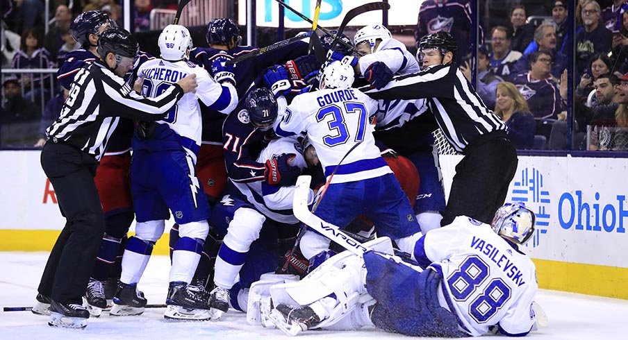 Things get chippy between the Columbus Blue Jackets and Tampa Bay Lightning at Nationwide Arena on Feb. 18, 2019.