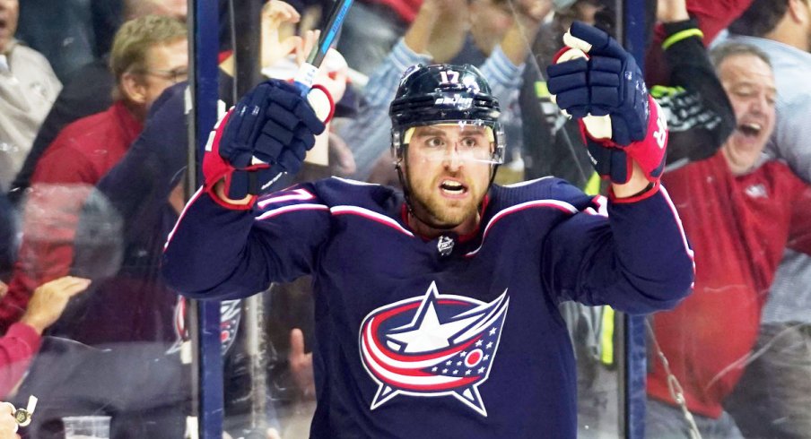 Brandon Dubinsky celebrates a goal for the Columbus Blue Jackets.