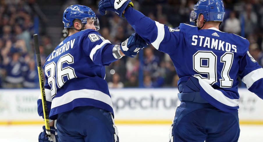 Nikita Kucherov celebrates a goal with Steven Stamkos at Amalie Arena