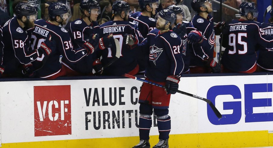 Apr 2, 2019; Columbus, OH, USA; Columbus Blue Jackets right wing Oliver Bjorkstrand (28) celebrates a goal during the third period against the Boston Bruins at Nationwide Arena.