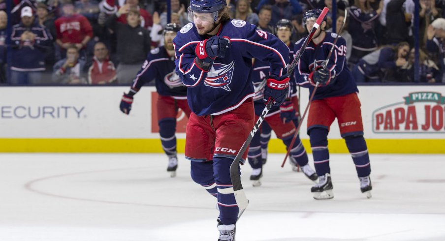 Columbus Blue Jackets forward Artemi Panarin celebrates a goal scored against the Montreal Canadiens at Nationwide Arena.