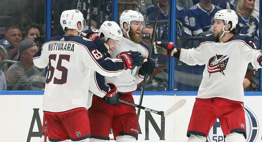 David Savard celebrates a goal for the Columbus Blue Jackets against the Tampa Bay Lightning in Game 1 of the 2019 NHL Stanley Cup Playoffs