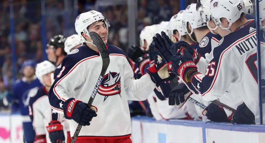 Columbus Blue Jackets defenseman Zach Werenski celebrates a first period power play goal in Game 2 against the Tampa Bay Lightning.