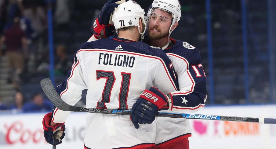 Columbus Blue Jackets captain Nick Foligno celebrates a Game 2 win over the Tampa Bay Lightning at Amalie Arena.