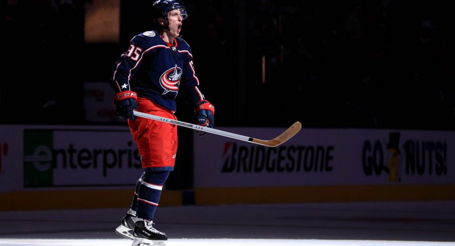 Apr 14, 2019; Columbus, OH, USA; Columbus Blue Jackets center Matt Duchene (95) reacts to being named a star of the game after defeating the Tampa Bay Lightning in game three of the first round of the 2019 Stanley Cup Playoffs at Nationwide Arena.